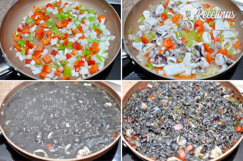 Arroz preto com lulas passo a passo.