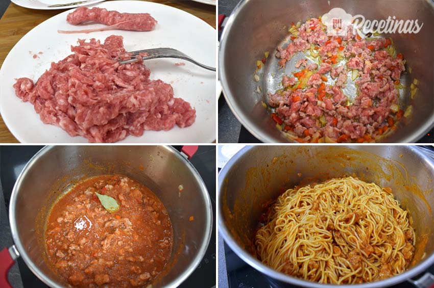 Preparação de esparguete com salsichas.