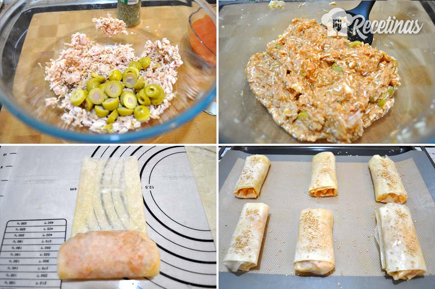 Rolinhos de massa filo recheados com atum.